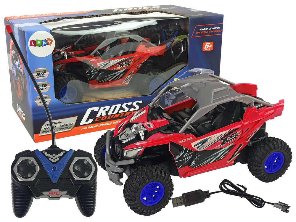 Nuotoliniu būdu valdomas bekelės automobilis – cross country, 1:16 mastelis, 27 mhz, raudonas
