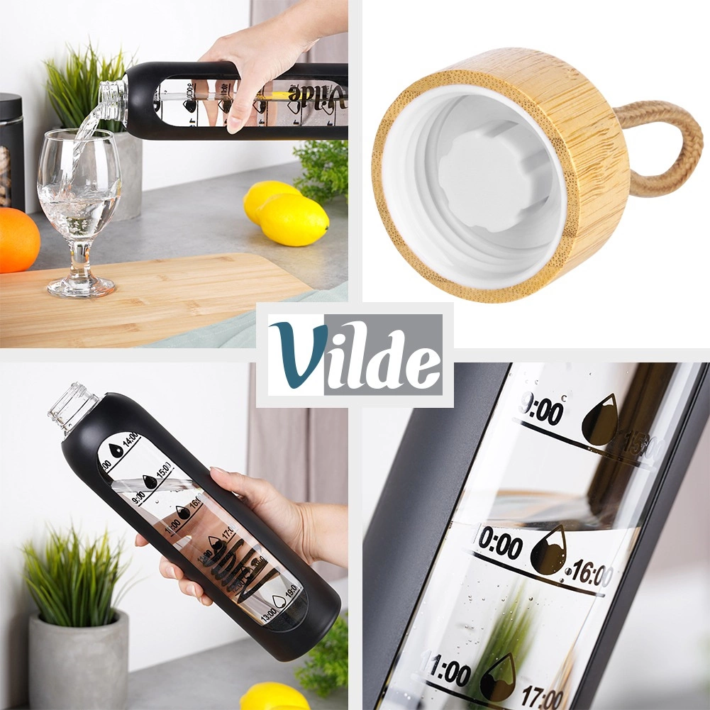 Stiklinis vandens butelis vilde su silikoniniu dėklu, 1 l, juodas 3