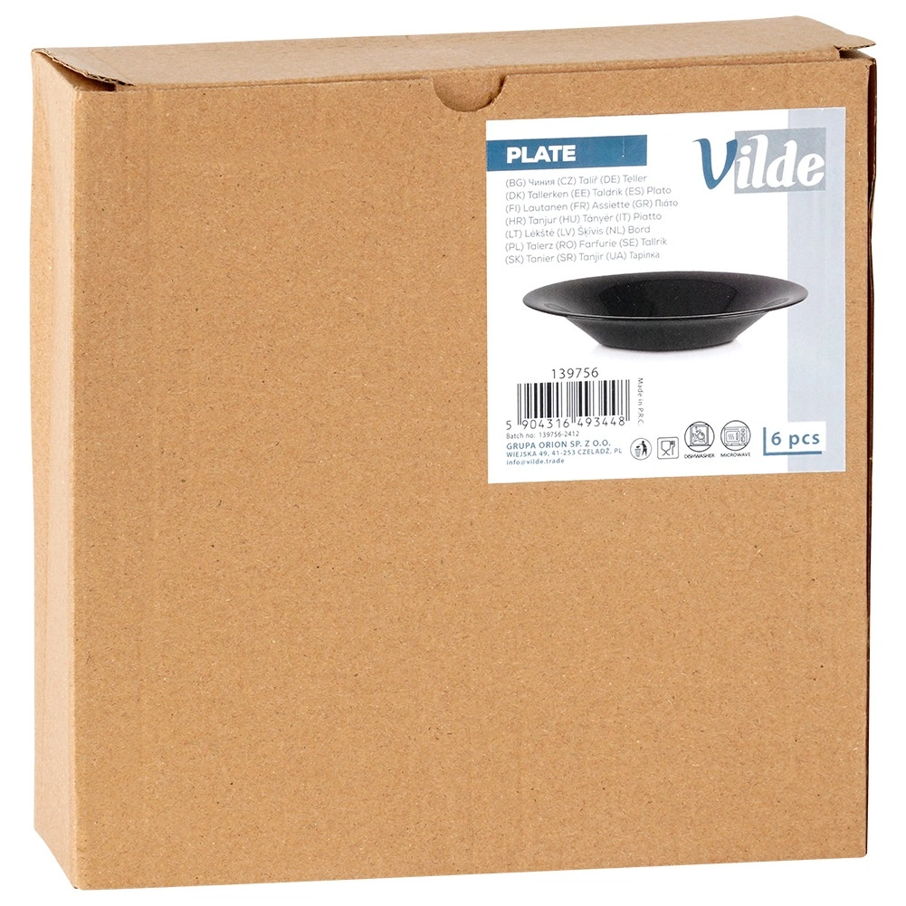 Gilių juodų stiklinių lėkščių komplektas vilde, 21,5 cm, 400 ml, 6 vnt.