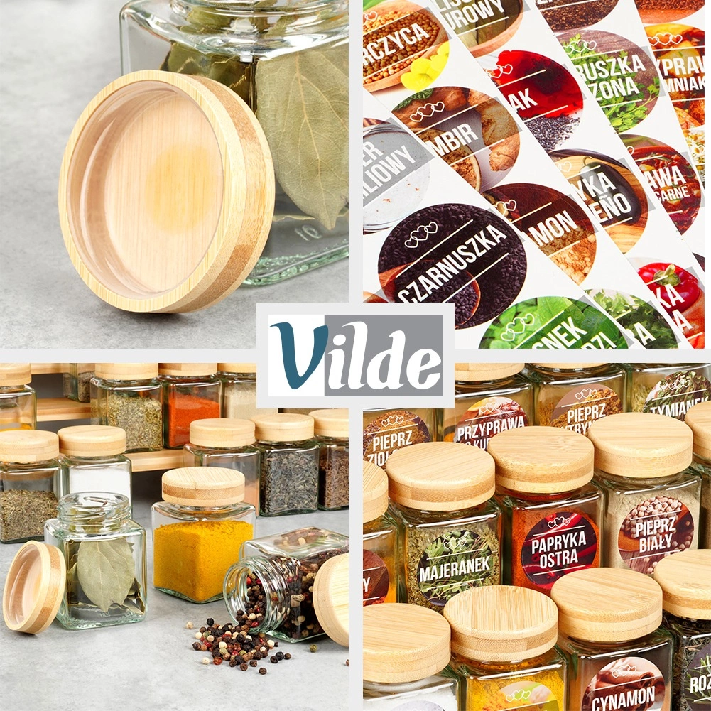 Prieskonių indeliai vilde su bambuko dangteliais ir lipdukais, 24 vnt., 100 ml