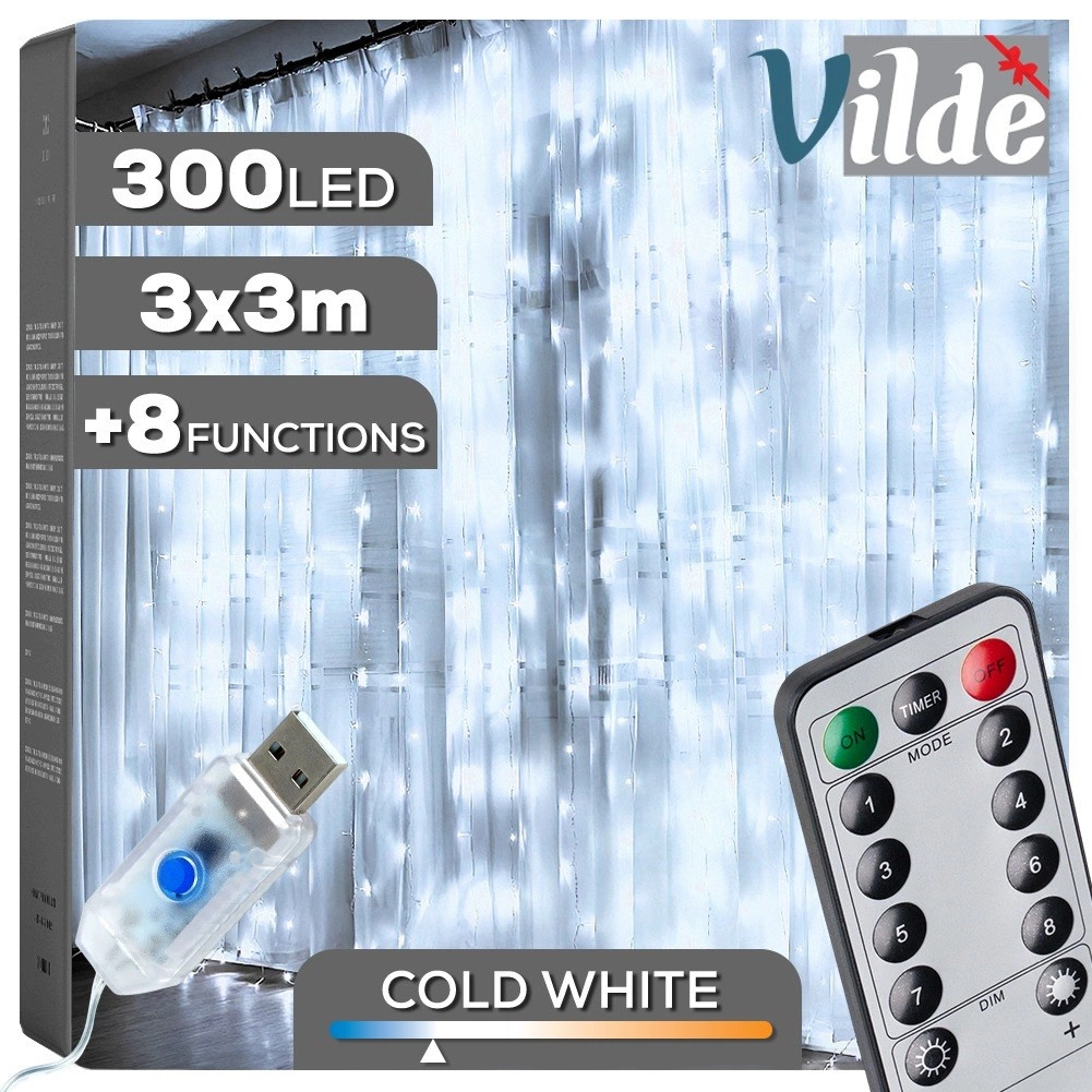 Girlianda- užuolaida vilde 300 led su pultu 3 m