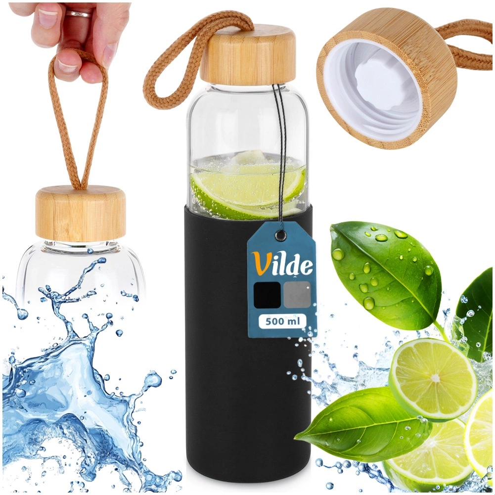 Stiklinis vandens butelis vilde su silikoniniu dėklu 500 ml