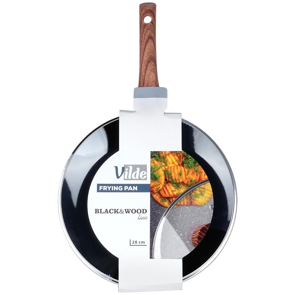 Aliumininė keptuvė su granitine danga ir stiklo dangčiu vilde black&wood 28 cm, 3,5 l