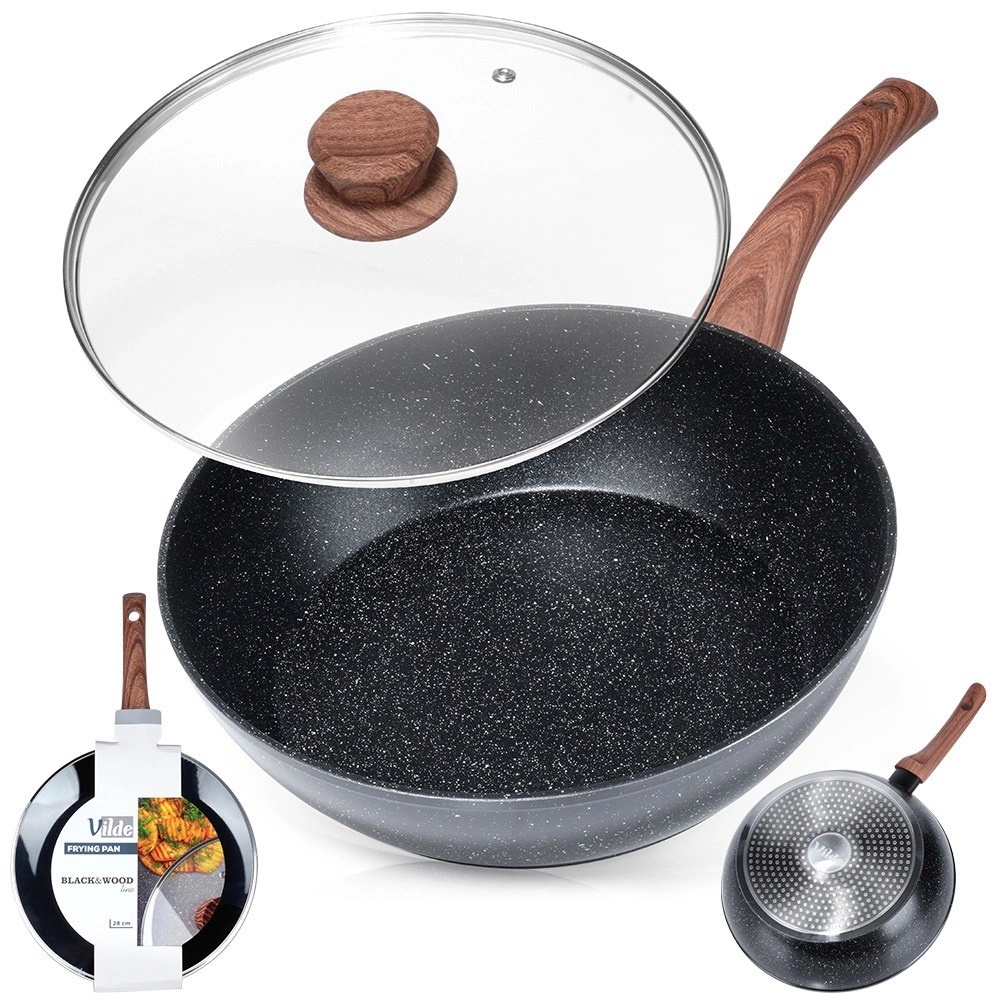 Aliumininė keptuvė su granitine danga ir stiklo dangčiu vilde black&wood 28 cm, 3,5 l