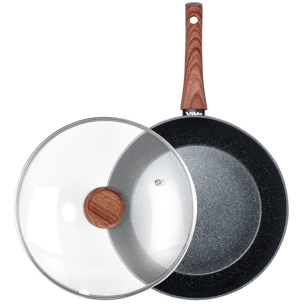 Aliumininė keptuvė su granitine danga ir stiklo dangčiu vilde black&wood 28 cm, 3,5 l 2