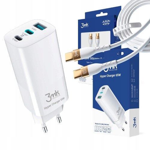 3mk 65w tinklo įkroviklis +usb-c 100w 5a 2m kabelis