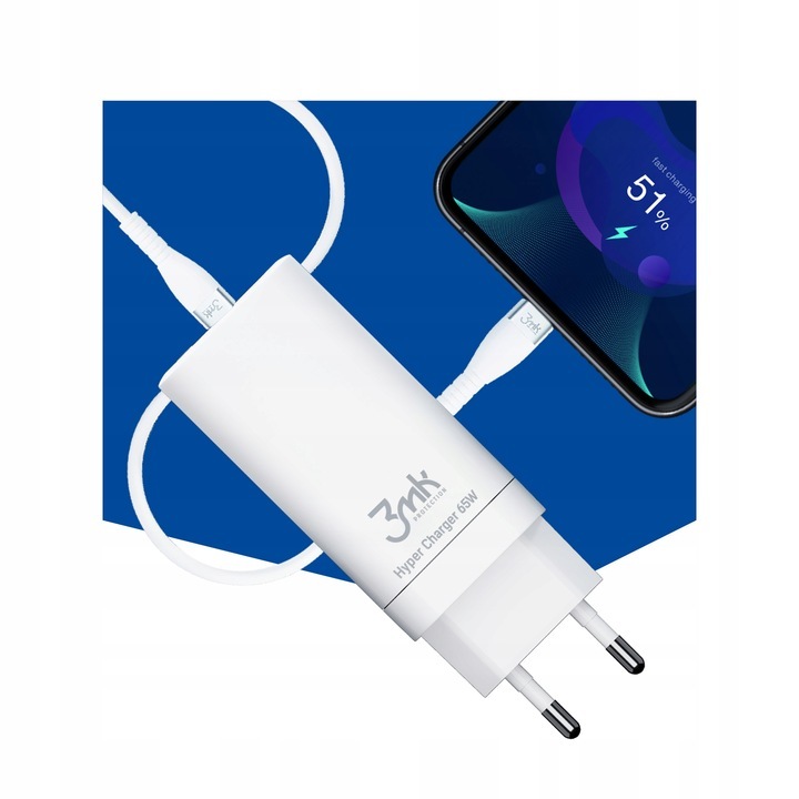 3mk 65w tinklo įkroviklis +usb-c 100w 5a 2m kabelis