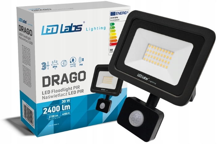 "Drago" prožektorius - LED judesio detektorius, halogeninis 30 W - Juodas - Neutralios baltos spalvos (4000K)