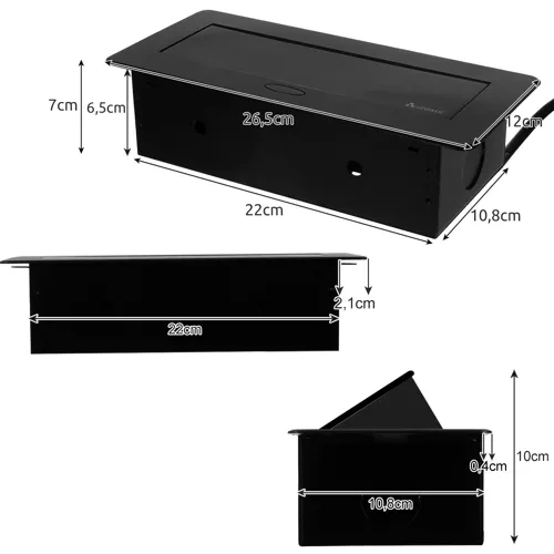 Įleidžiamas lizdas su usb, juodas, 26,5x12x7 cm