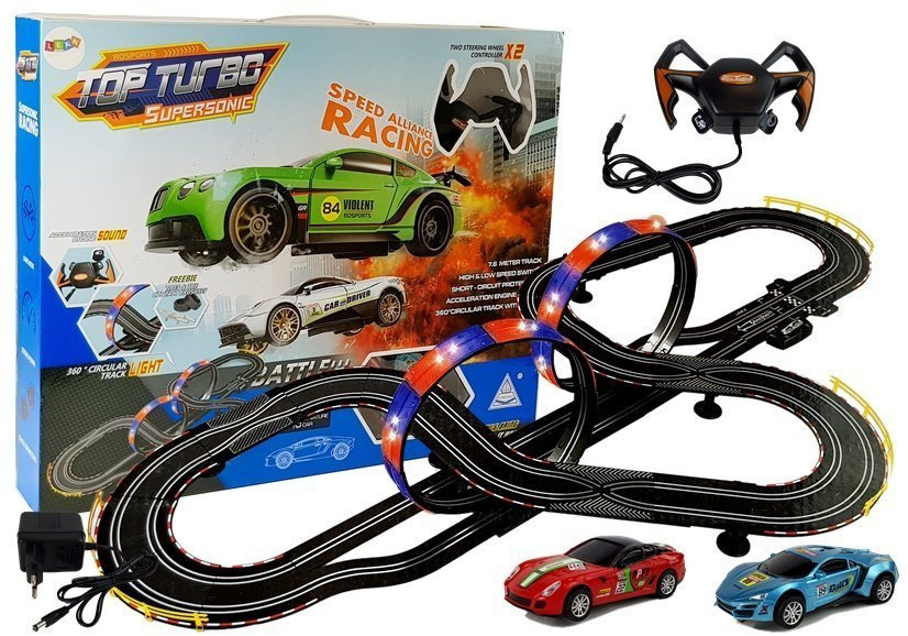 Lenktynių trasa „Top Turbo“ su 2 automobiliais, šviesomis – 7,6 m ilgio