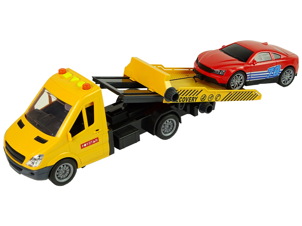 Žaislinis tralas su automobiliu lean toys, geltonas, 30x9x11 cm, 2 d