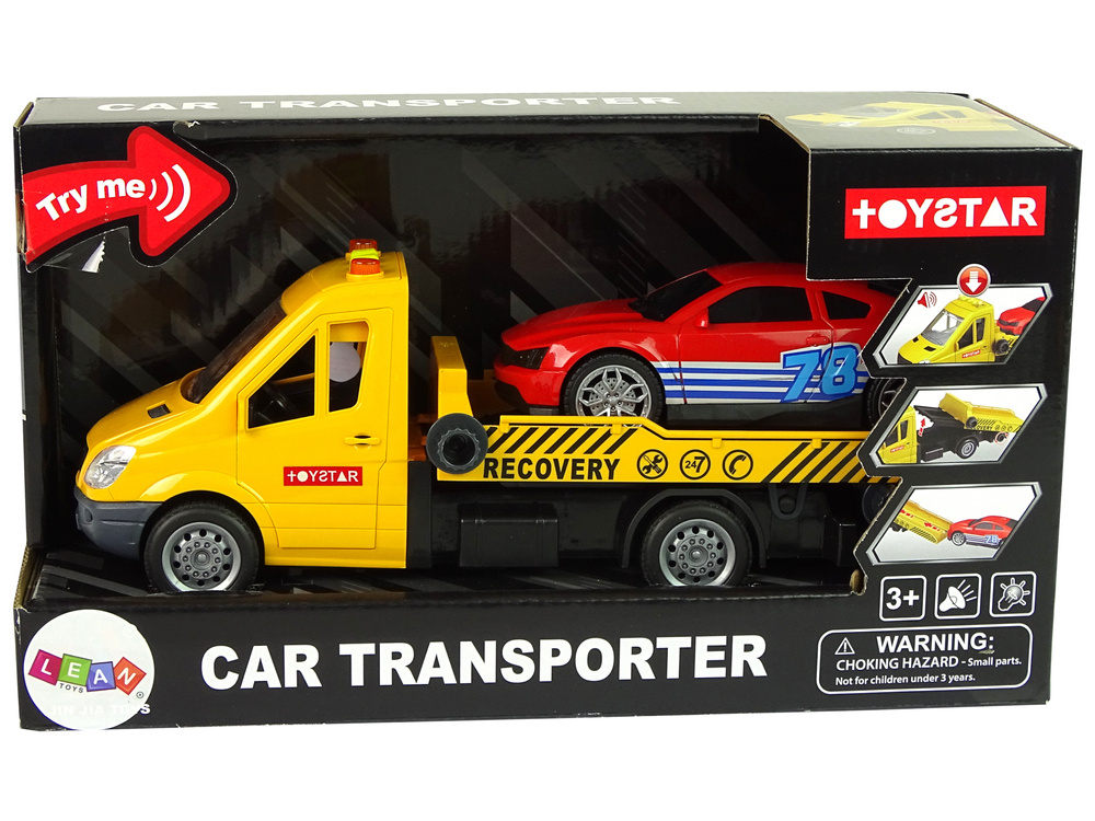 Žaislinis tralas su automobiliu lean toys, geltonas, 30x9x11 cm, 2 d