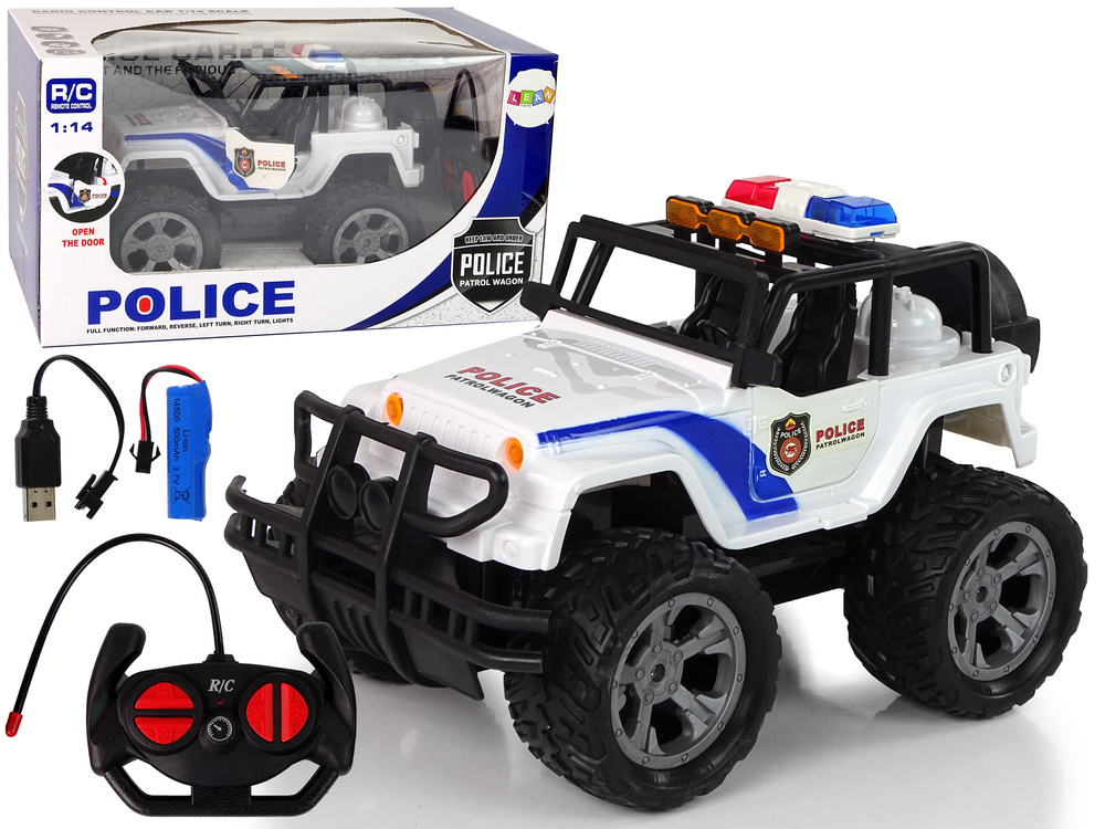 Nuotoliniu pulteliu valdomas policijos automobilis jeep