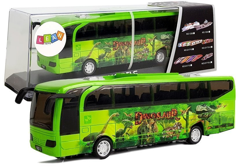 Autobusas jurassic park bus green dinosaurs spring drive light sound, žalias