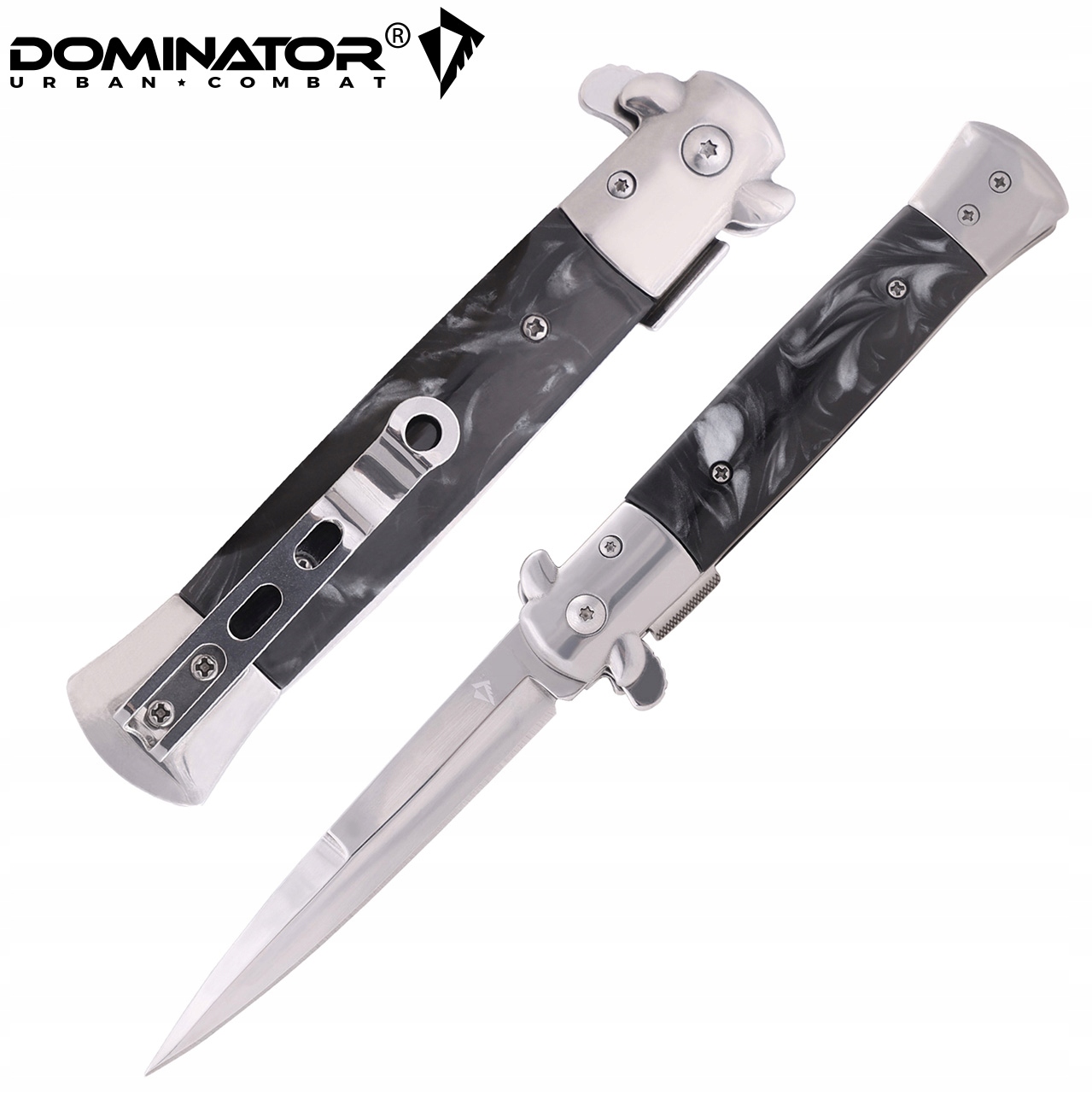 Dominator Urban Combat Sicilietiško tipo sulankstomas peilis su klipsu, ašmenys 9,7 cm, sidabrinis/juodas