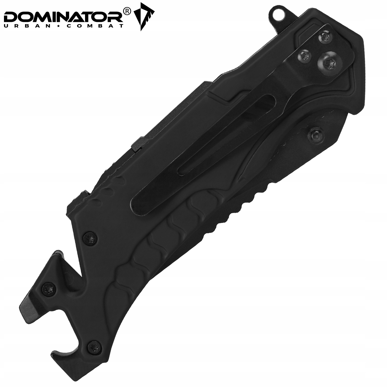 Gelbėjimo peilis su diržo pjaustytuvu ir stiklo daužikliu, Dominator Urban Combat, Rescue-Tech, juodas