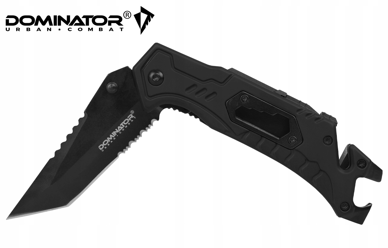 Gelbėjimo peilis su diržo pjaustytuvu ir stiklo daužikliu, Dominator Urban Combat, Rescue-Tech, juodas