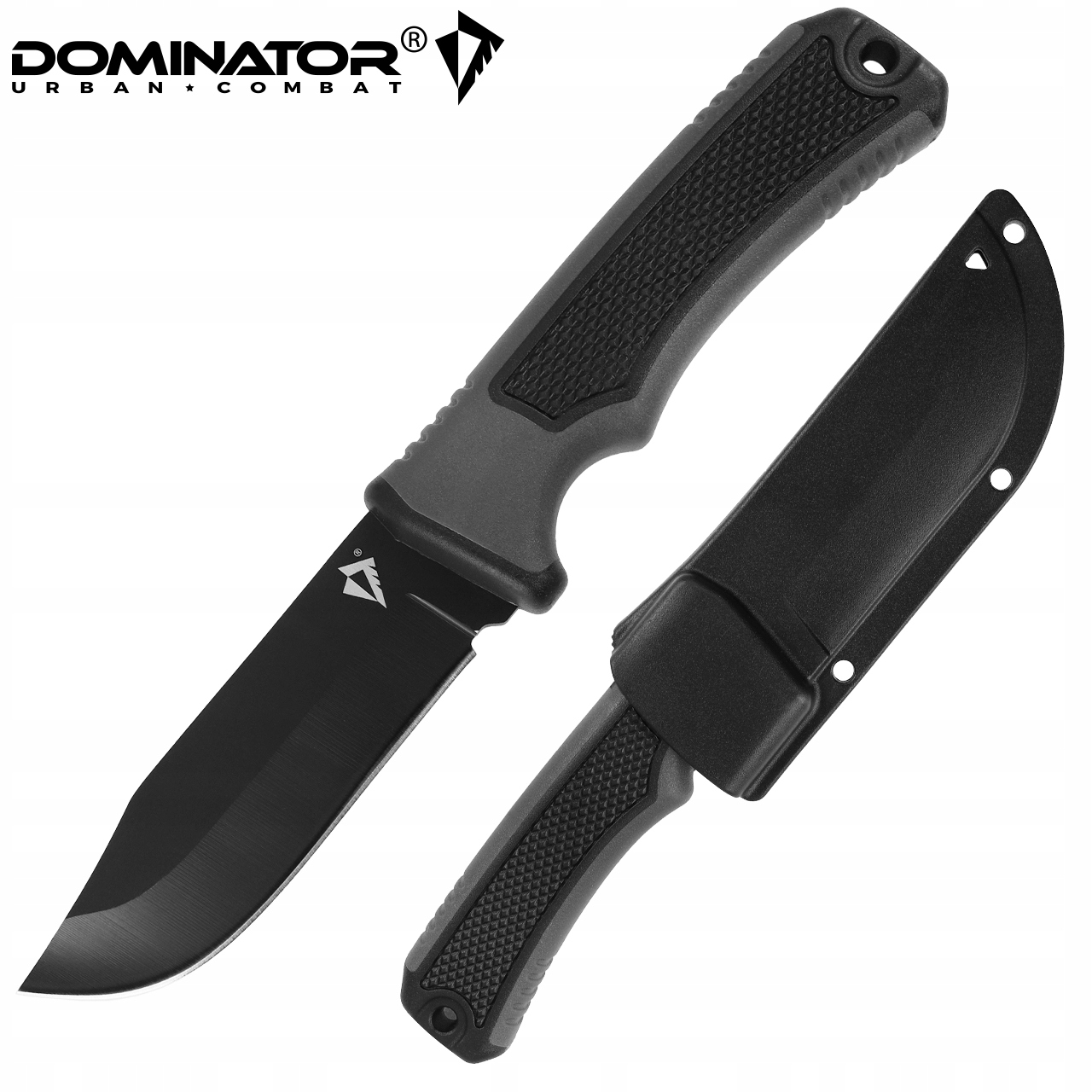 Dominator Urban Combat Peilis su fiksuota geležte "Thunder", ašmenys 10 cm, su dėklu su segtuku, juoda/pilka