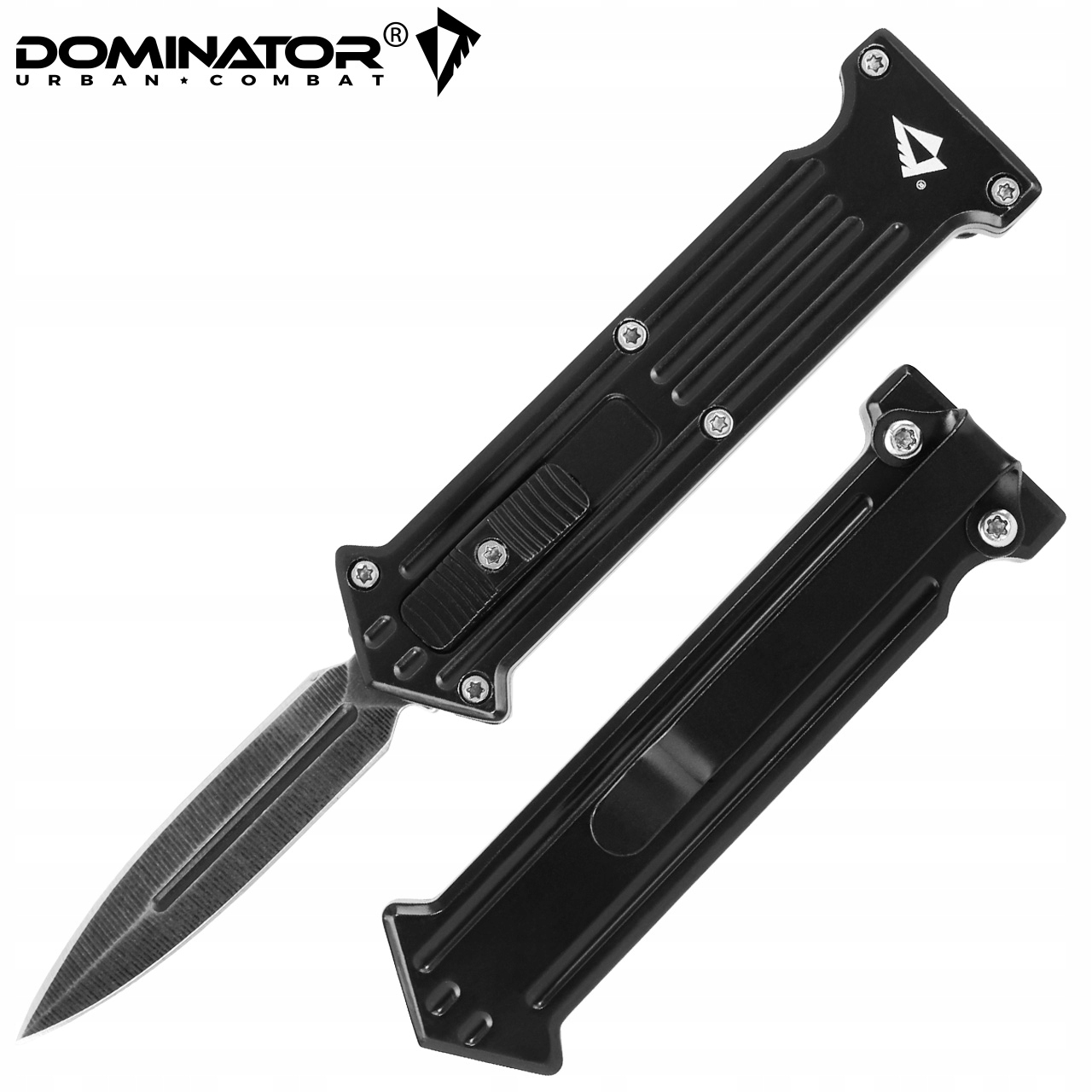 Dominator Urban Combat Sulankstomas peilis su priekinio atidarymo mechanizmu, su segtuku, ašmenys 4,7 cm, juodas
