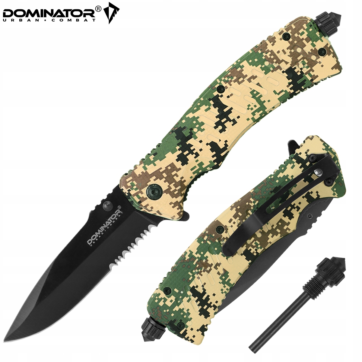 Dominator Urban Combat Sulankstomas peilis su ugnies akmeniu, ašmenys 9,2 cm, skaitmeninis