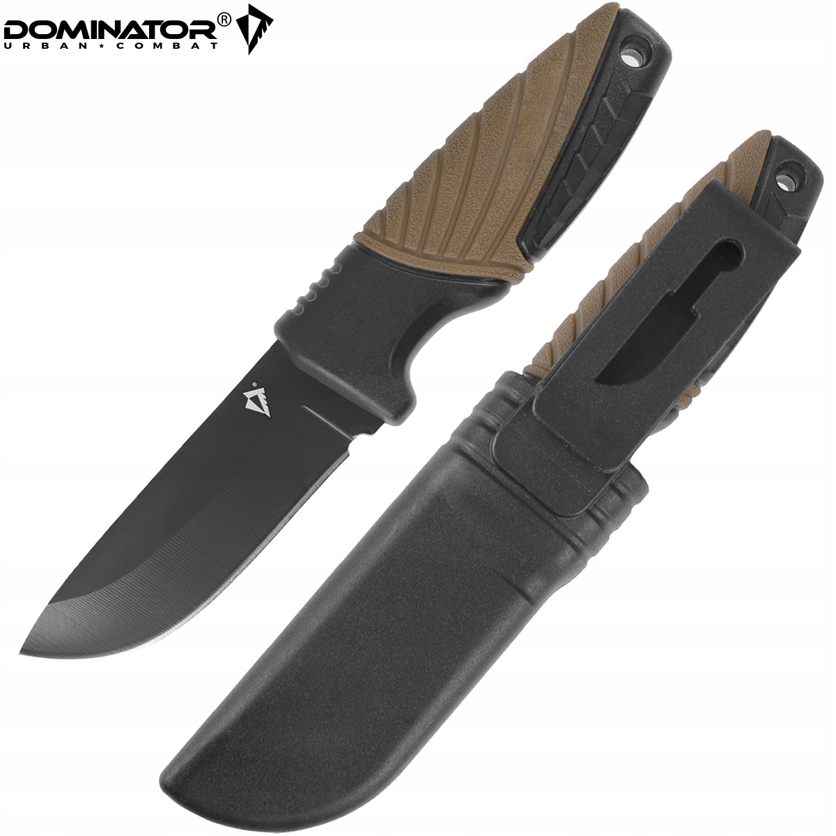 Dominator Urban Combat Išgyvenimo peilis su kietu ašmeniu, ašmenys 7,5 cm, su dėklu, rudas/juodas