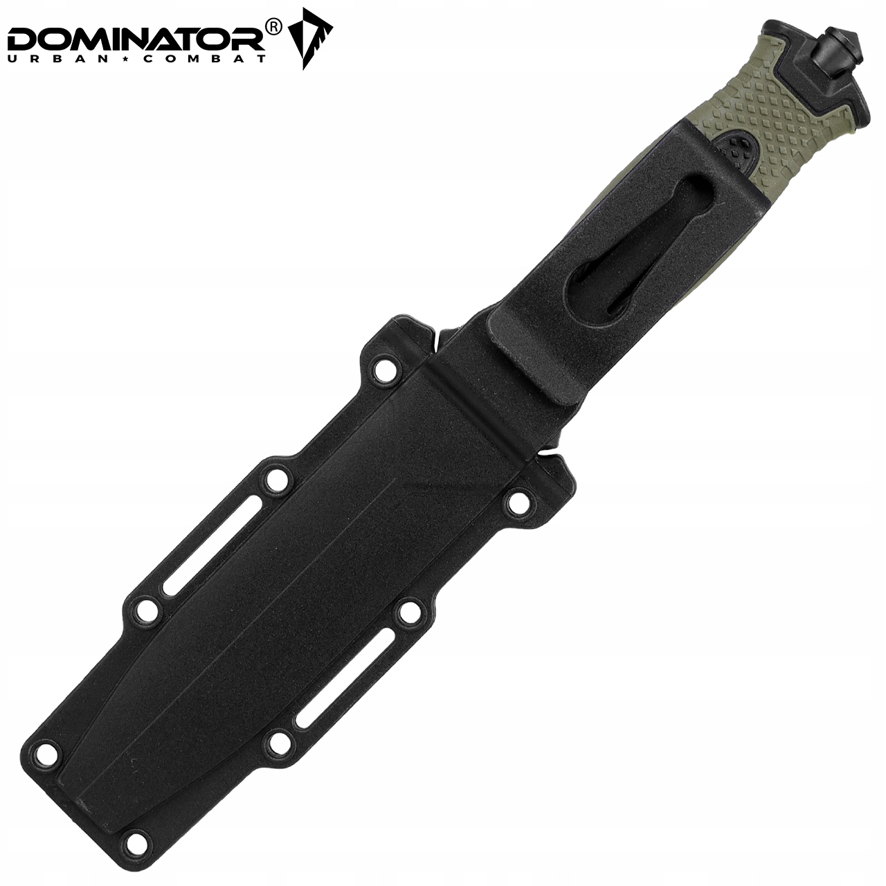 Dominator Urban Combat Peilis su fiksuota geležte "Storm", su stiklo smūgio įrankiu ir dėklu, juodas/žalias