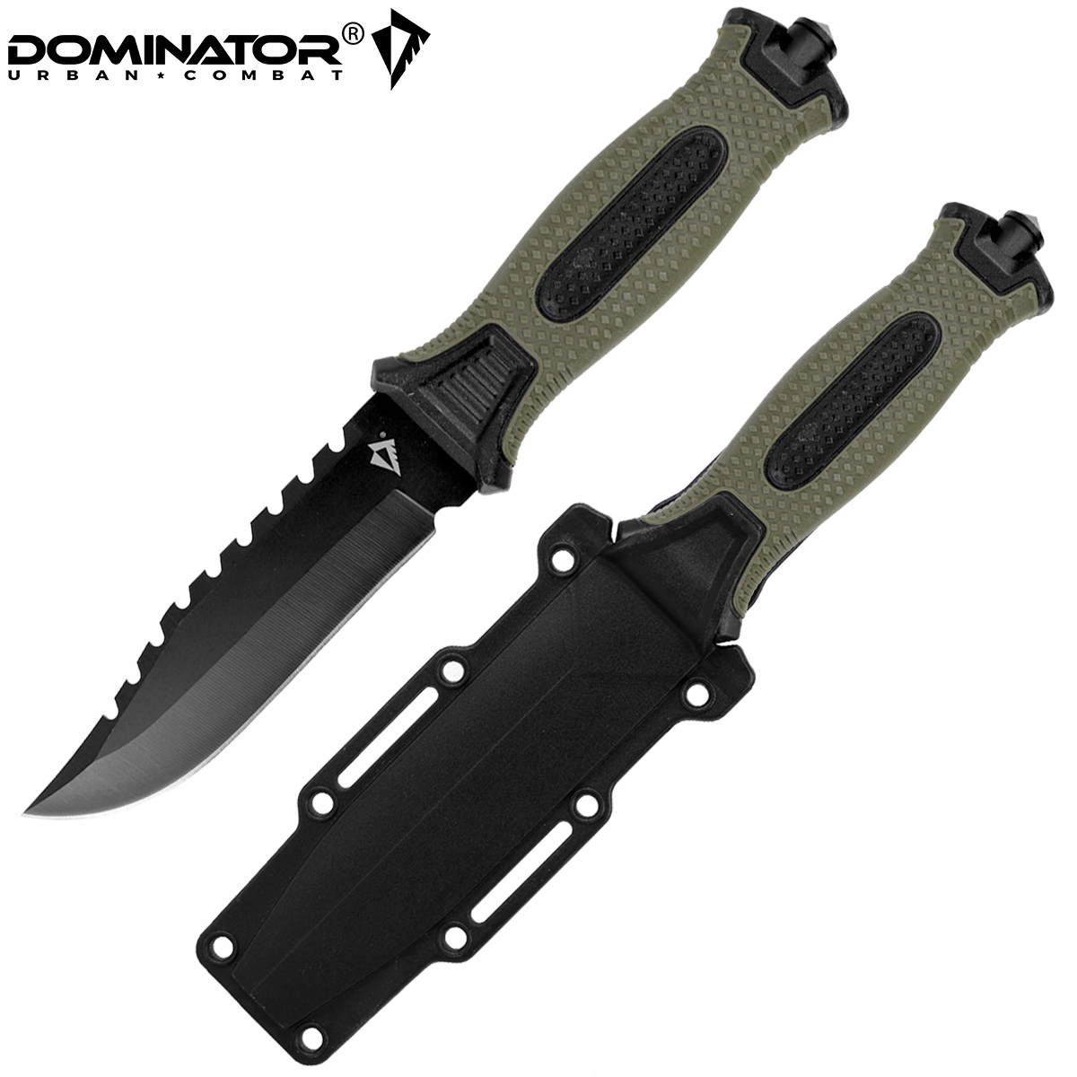 Dominator Urban Combat Peilis su fiksuota geležte "Storm", su stiklo smūgio įrankiu ir dėklu, juodas/žalias