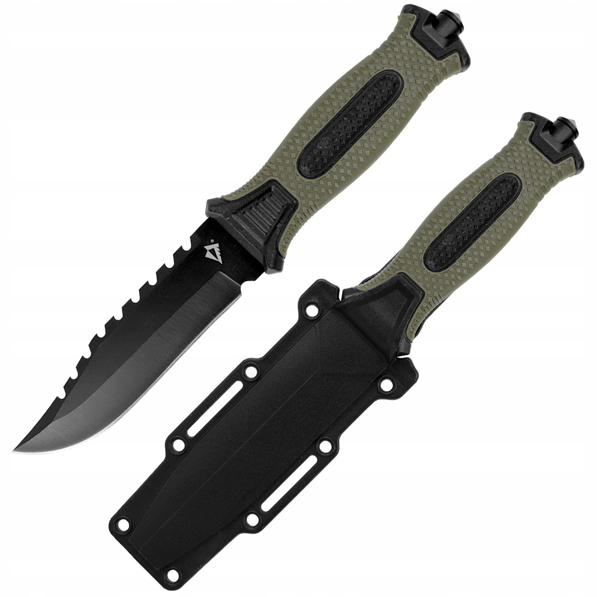 Dominator Urban Combat Peilis su fiksuota geležte "Storm", su stiklo smūgio įrankiu ir dėklu, juodas/žalias