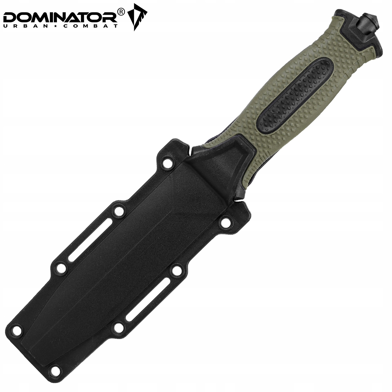 Dominator Urban Combat Peilis su fiksuota geležte "Storm", su stiklo smūgio įrankiu ir dėklu, juodas/žalias