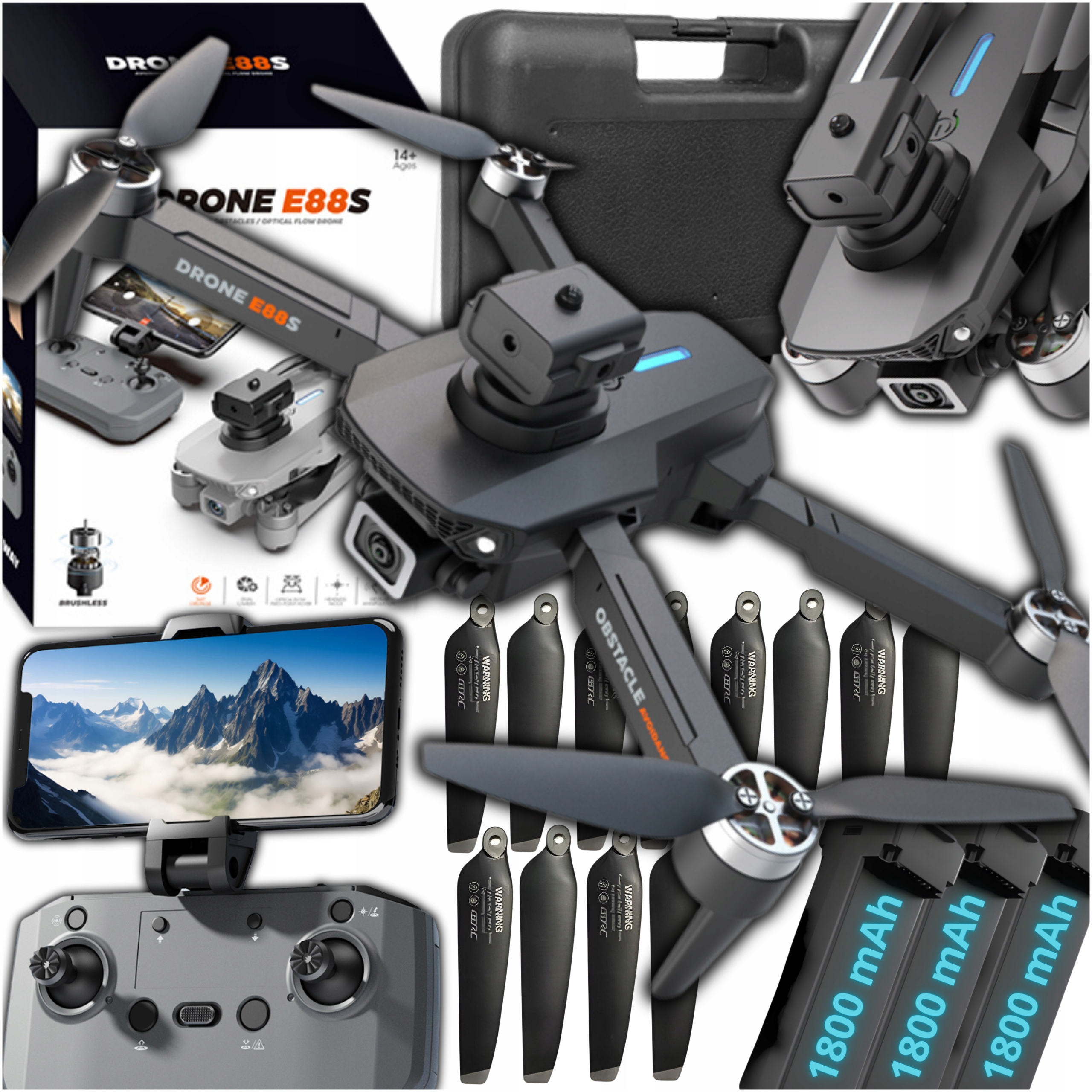 Dronas e88s pro, 2 kameros, wifi hd žaislas iki 350m 3 akumuliatoriai be jungiklių