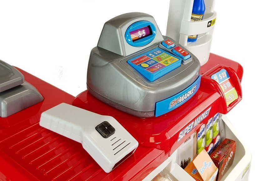 Žaislinė parduotuvė su pirkinių vežimėliu, kasa, skenuokliu ir maisto produktais – 24 elementai