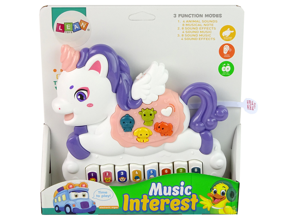 Lean toys interaktyvus pianinas vienaragis gyvūnų garsas transporto priemonės garsai melodijos balta