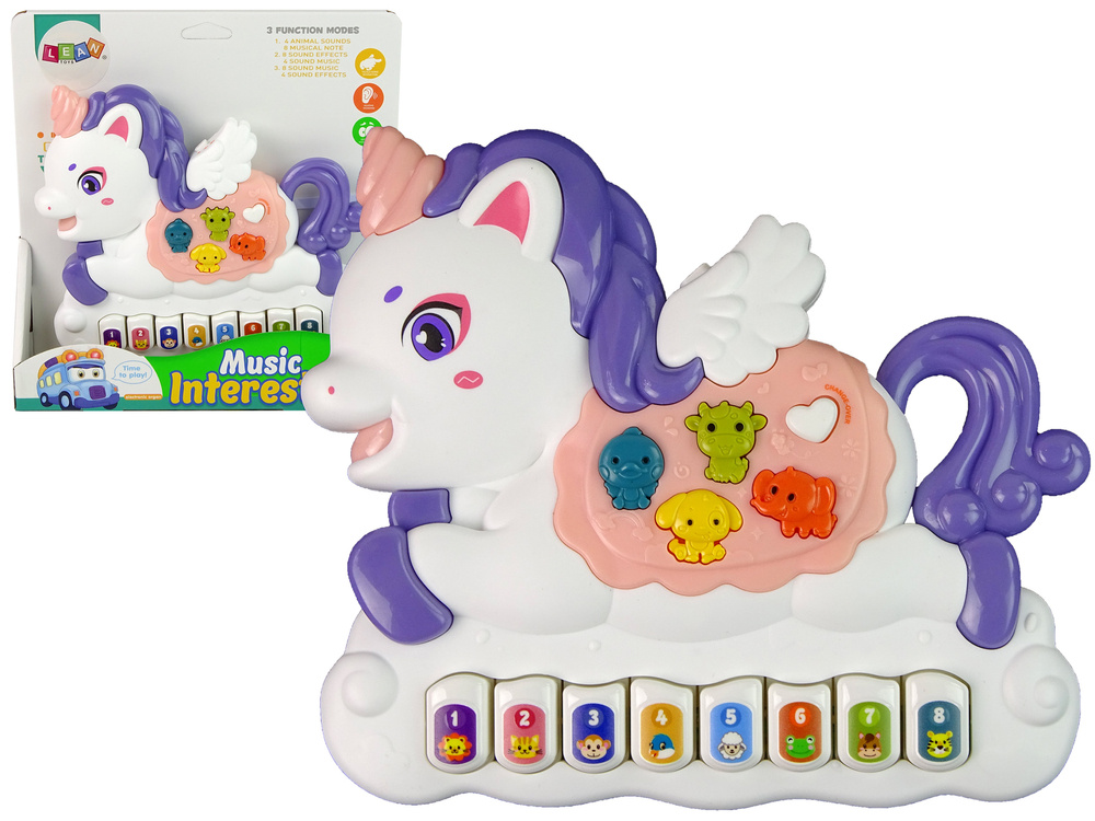 Lean toys interaktyvus pianinas vienaragis gyvūnų garsas transporto priemonės garsai melodijos balta