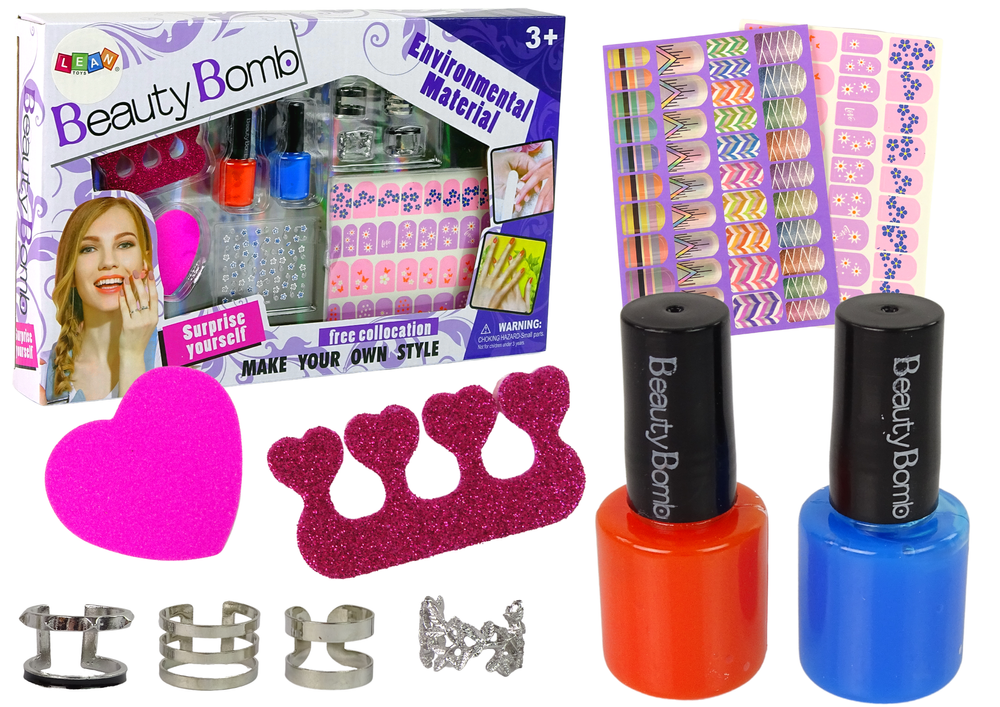 Nagų dažymo rinkinys vaikams lean toys lacquers glitter stickers rings