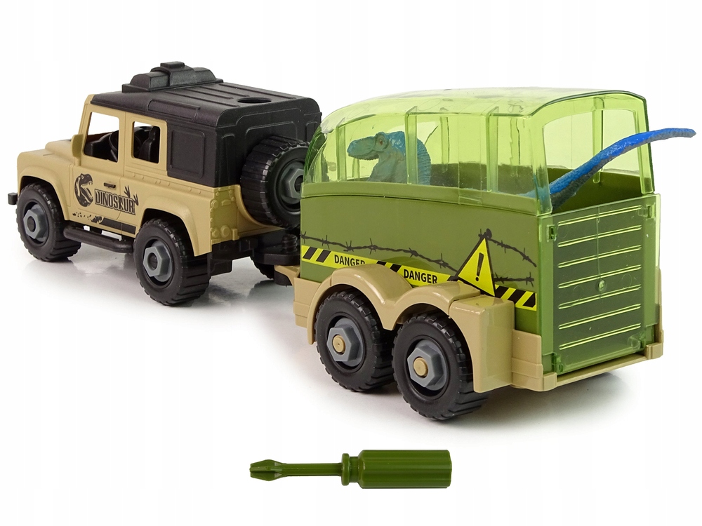 Automobilis su priekaba ir dinozauru Diy