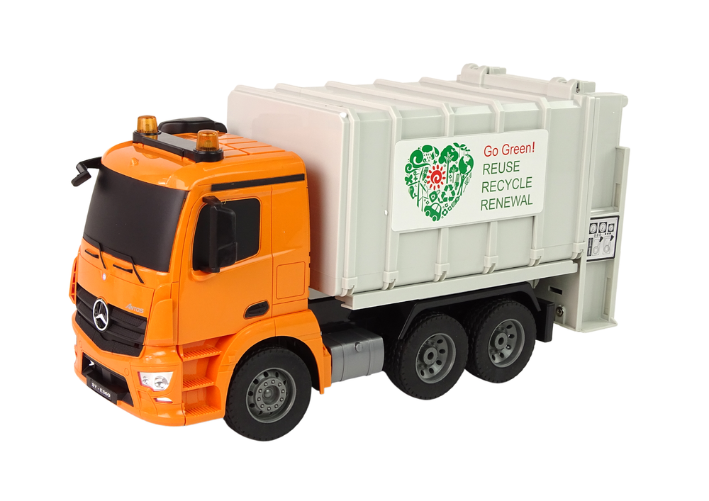 Nuotoliniu būdu valdomas sunkvežimis rc garbage truck mercedes-benz antos, oranžinis