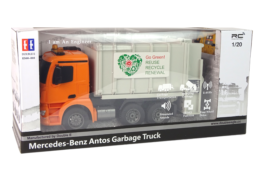 Nuotoliniu būdu valdomas sunkvežimis rc garbage truck mercedes-benz antos, oranžinis