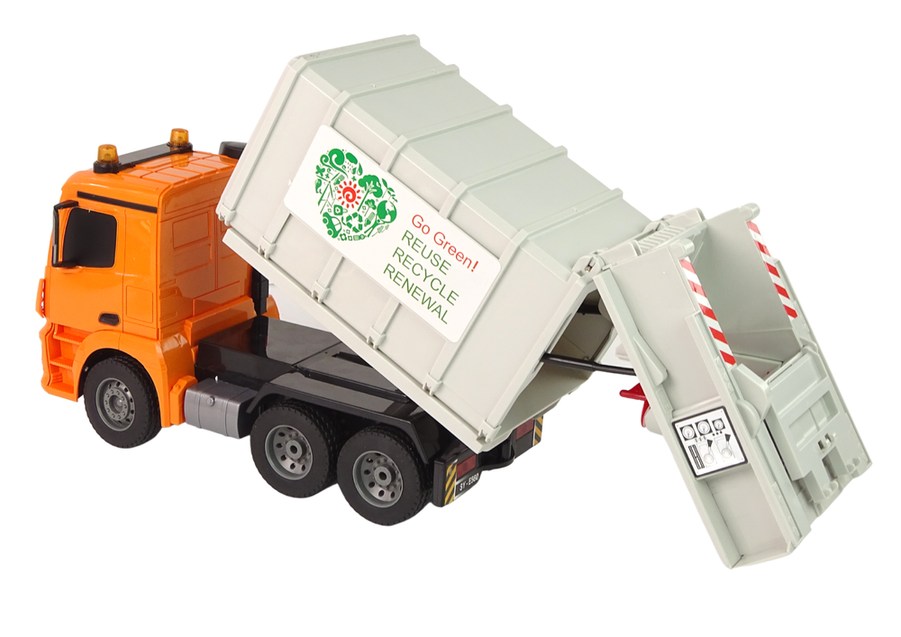 Nuotoliniu būdu valdomas sunkvežimis rc garbage truck mercedes-benz antos, oranžinis