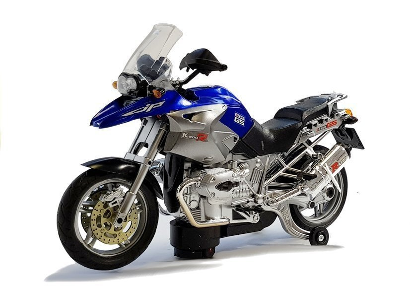 Mėlynas baterijomis varomas motociklas su šviesomis ir muzika
