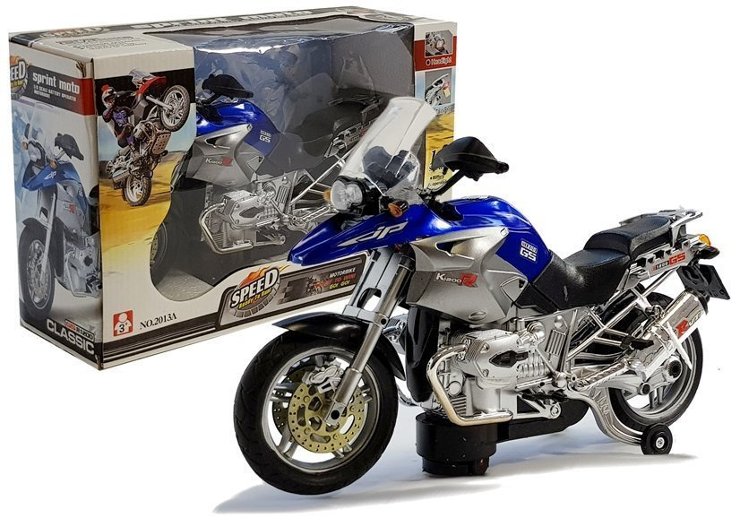 Mėlynas baterijomis varomas motociklas su šviesomis ir muzika