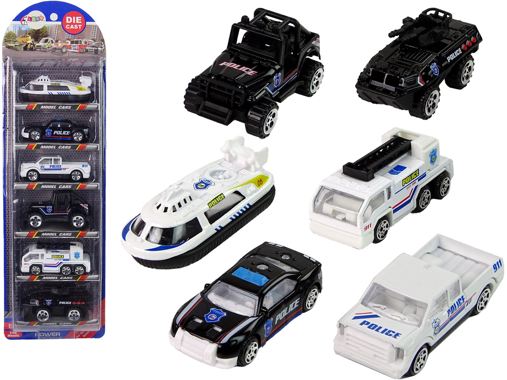 Resorako policijos transporto priemonių rinkinys leantoys, 6 vnt, 1:64