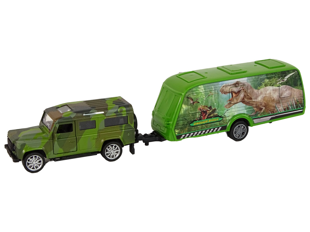 Žaislinis džipas su dinozaurų priekaba