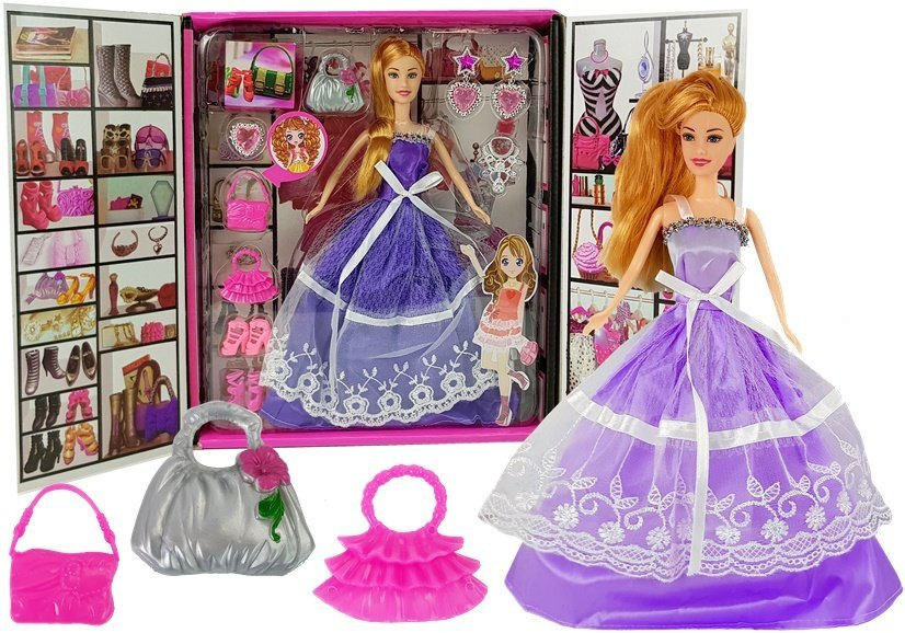 Lėlė violetine suknele su priedais lean toys