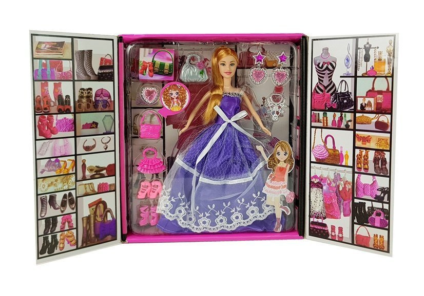 Lėlė violetine suknele su priedais lean toys