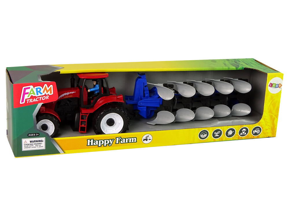 Traktorius su plūgu lean toys, raudonas/mėlynas