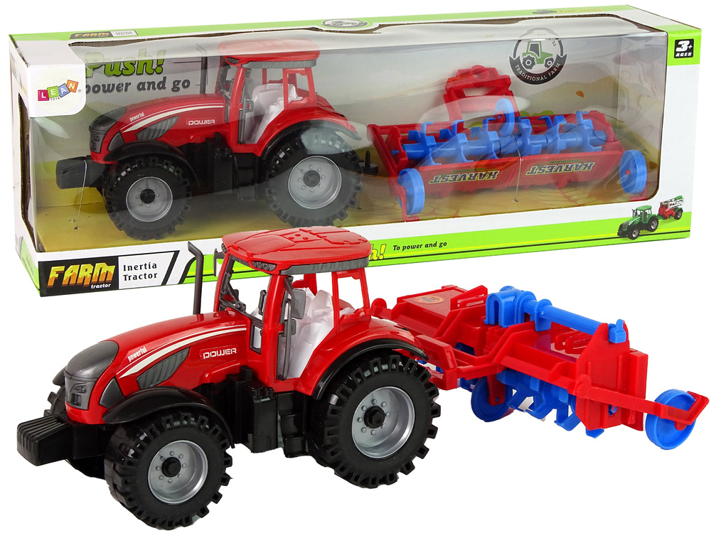 Raudonas traktorius su frikciniu plūgu lean toys