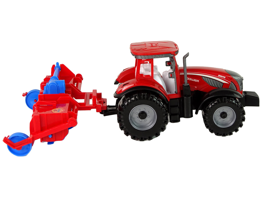 Raudonas traktorius su frikciniu plūgu lean toys