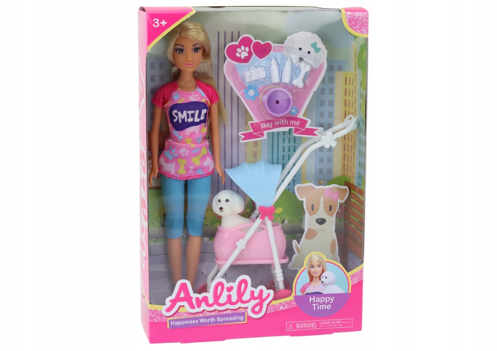 Anlily lėlė su šunimi vežimėlyje