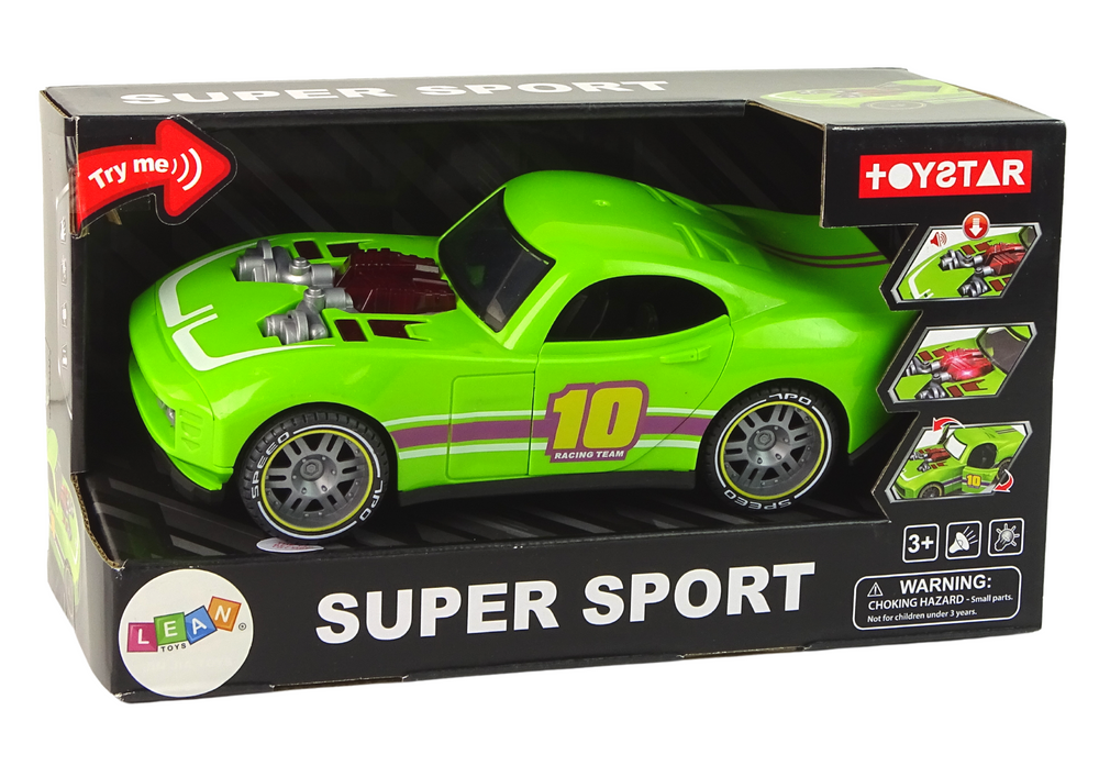 Žalias sportinis automobilis su garsais ir šviesomis
