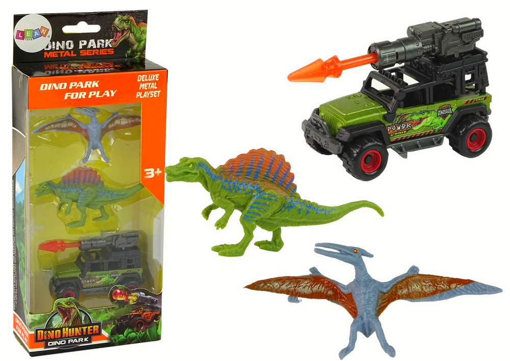 Figūrėlių rinkinys dinozaurai su visureigiu oranžine raketa leantoys